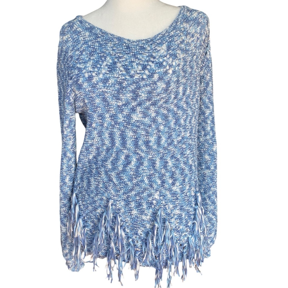 Ruby Rd Women’s Blue Long Sleeve Sweater With Fringe Hem Sz M